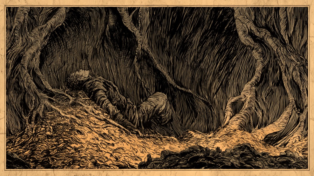 Ink drawing of a hero sprawled on a hoard of gold beneath a canopy of roots