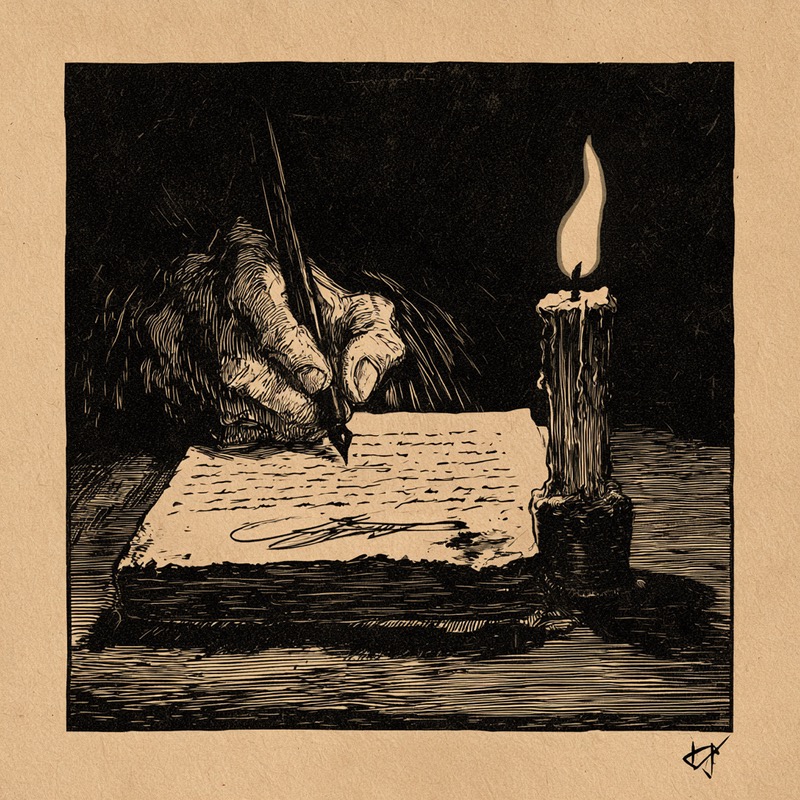 Ink drawing of a hand writing in a ledger by the light of a guttering candle