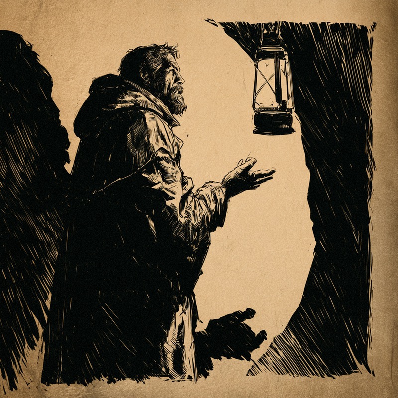 Ink drawing of a cloaked old man reaching toward a lantern hanging in the dark