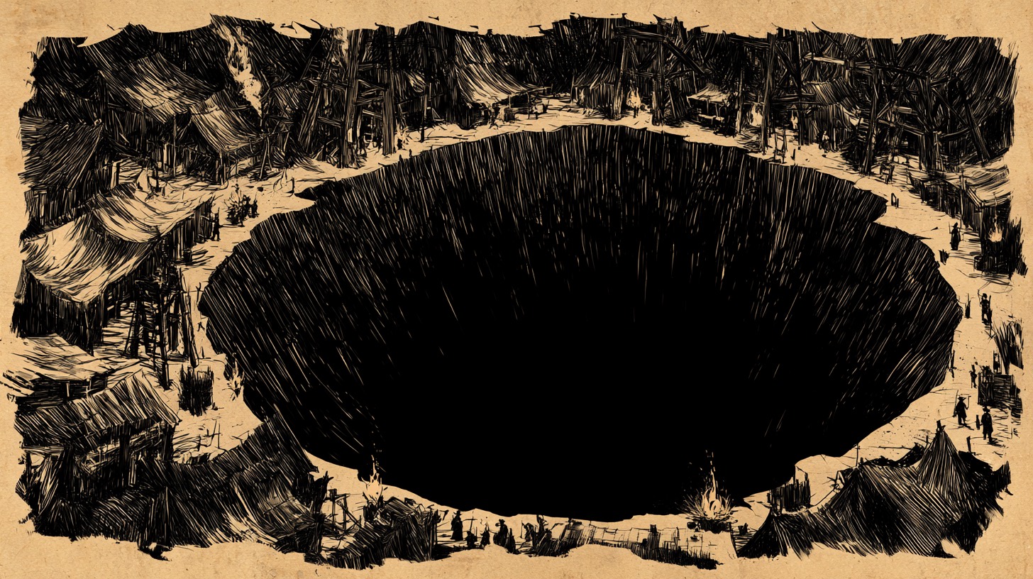 Ink drawing of a boomtown of tents and scaffolds crowded around the lip of a vast black sinkhole
