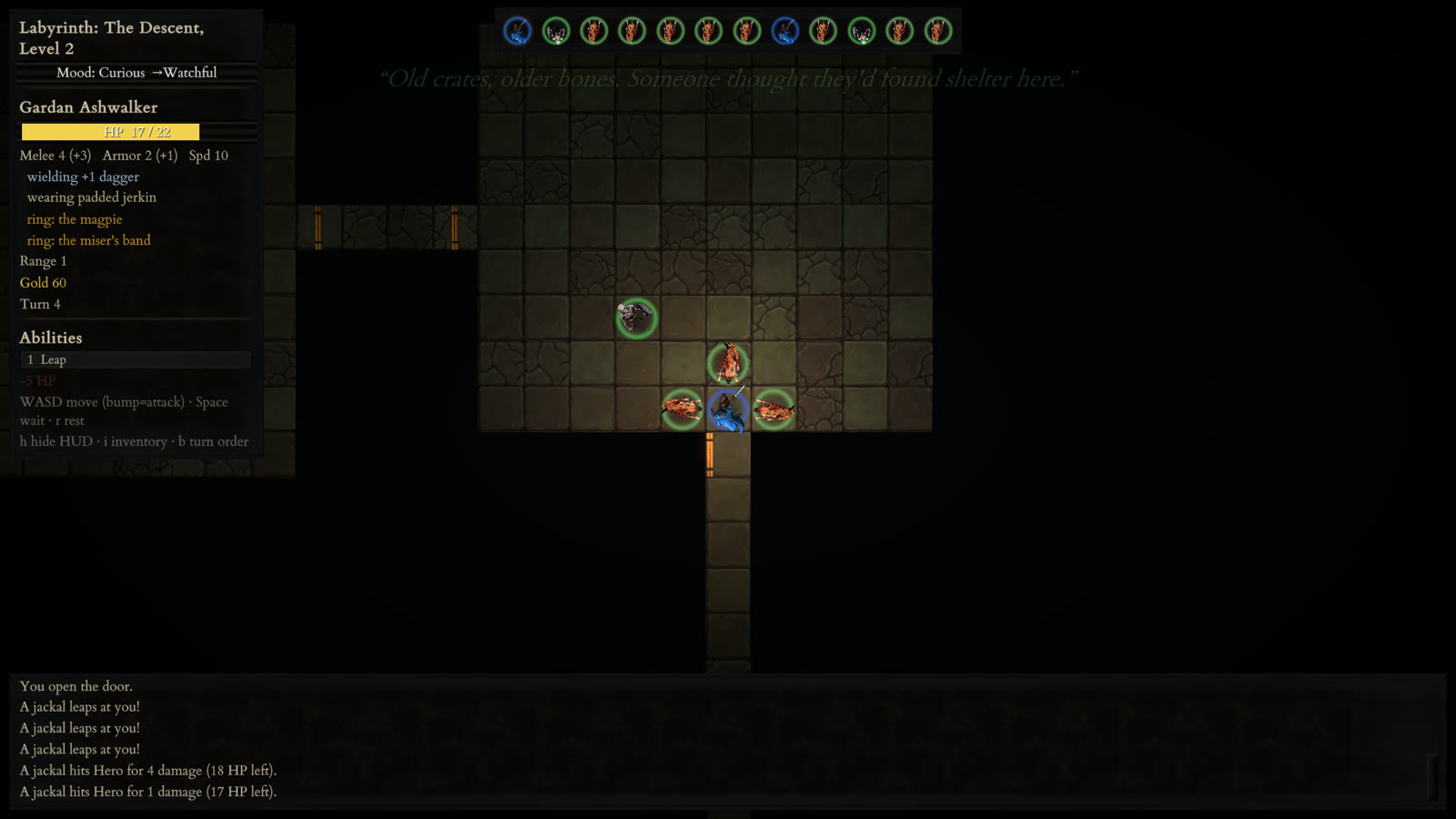 Gameplay on depth 2: the hero in a doorway with three jackals leaping in, the turn-order bar across the top and the Labyrinth's caption above the room