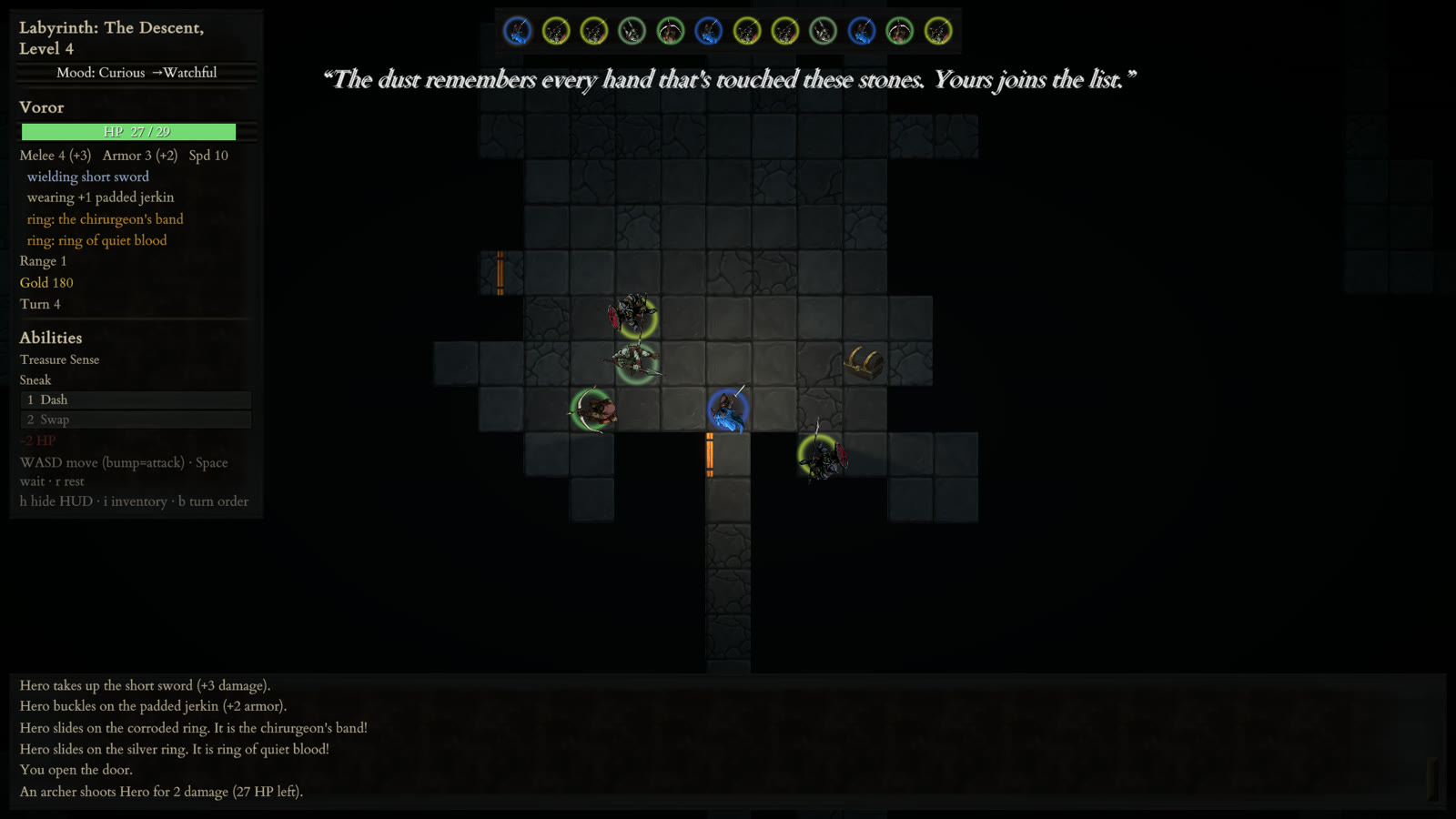 Gameplay on depth 4, the catacombs: hobgoblin archers and swordsmen closing on the hero at a doorway, a treasure chest across the room