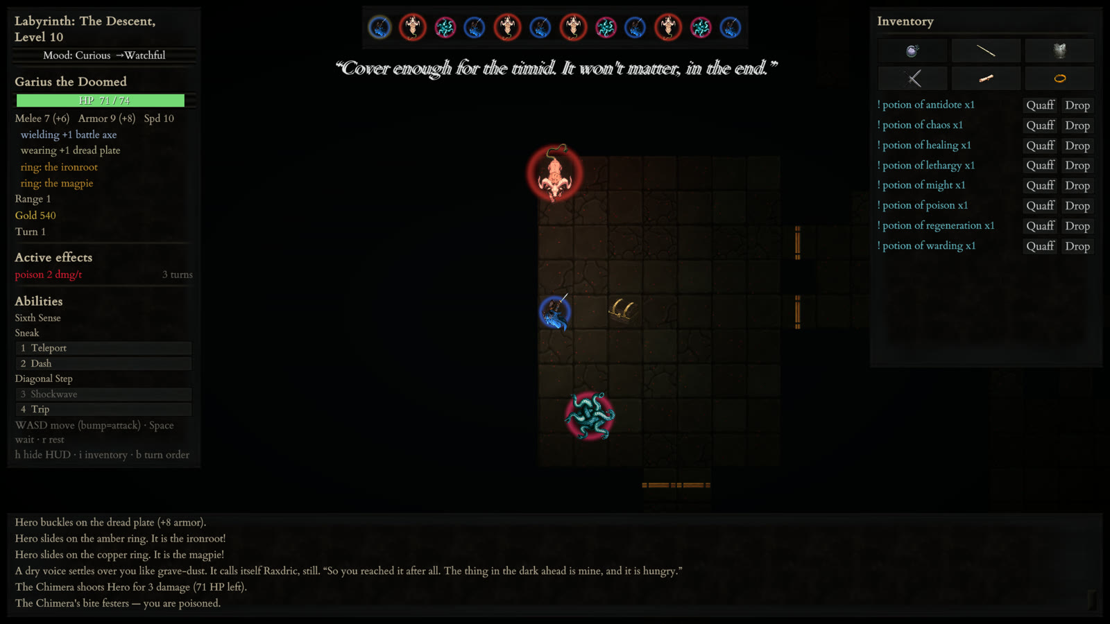 Gameplay on depth 10, the emberworks: the inventory panel open on eight potions while the Chimera and a hydra close on the poisoned hero