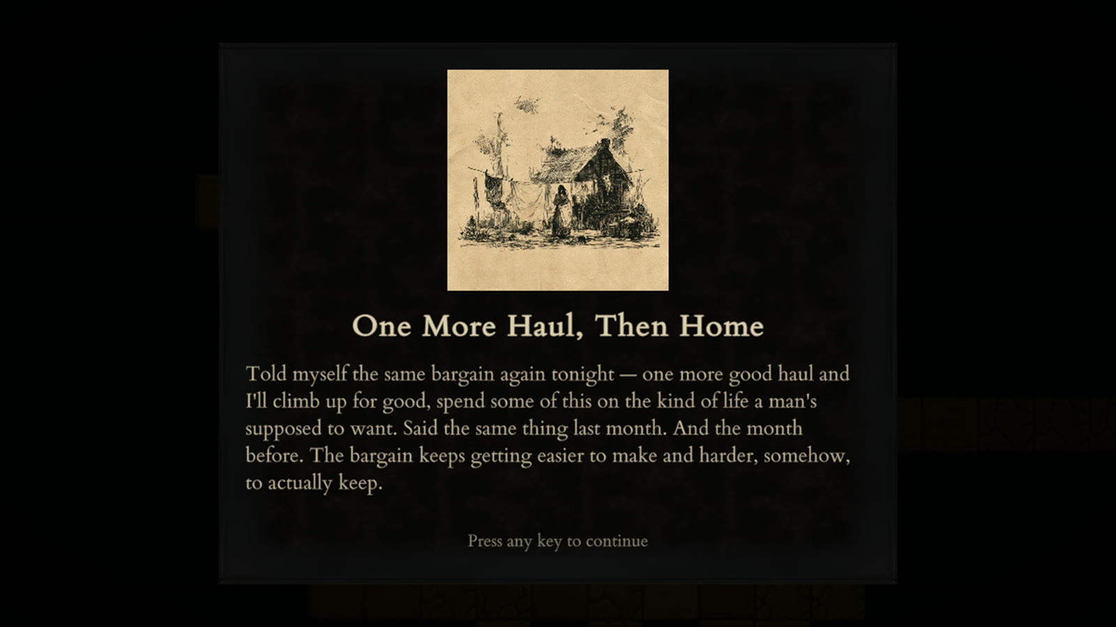 A memory fragment page titled 'One More Haul, Then Home' with an ink drawing of a homestead and washing line above the First Seeker's journal entry